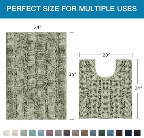 H.VERSAILTEX Bathroom Rug Sets 2 Piece Bath Mats Non Slip Thick Soft Chenille Striped Bath Rug achine Washable Shower Floor Rugs for Tub, Shower and Floor (Eucalyptus Green, 36"x24" Plus 20"x24" U) - Image 2