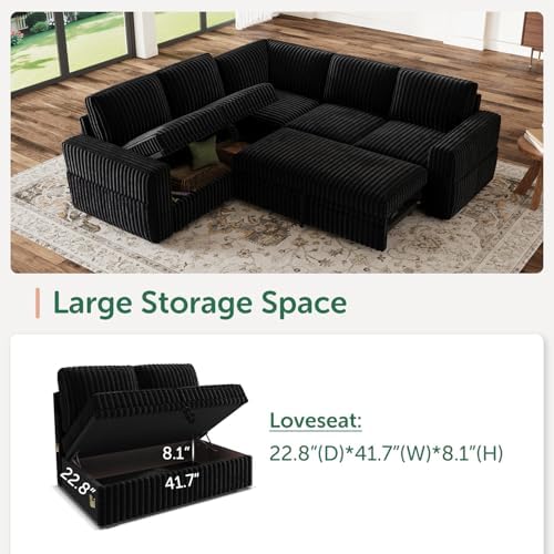 HONBAY Modular Sectional Sleeper Sofa with Pull Out Bed,Corduroy L Shaped Couch with Storage, Sectional Couches for Living Room,Black - Image 3