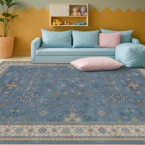Boho 6x9 Living Room Rugs - Modern Dark Blue Dining Room Rug for Under Table, Lightweight Washable Foldable Low Pile Carpet, Eclectic Floral Bedroom Décor Aesthetic - Image 6