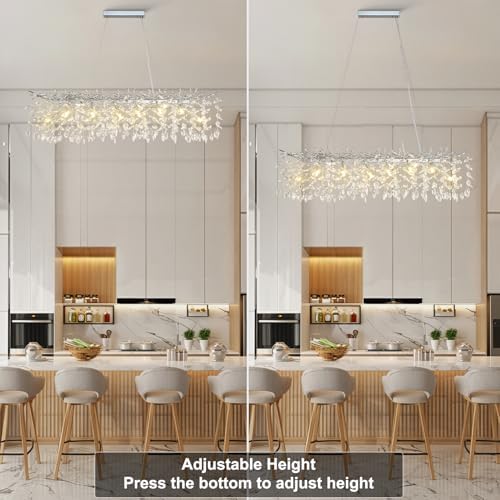 YUYI 47" Silver Crystal Chandelier, 14-Light Rectangular Tree Branch Chandeliers, Luxury Chandelier for Dining Room, Kitchen Island, Living Room, Foyer, Modern K9 Crystal Raindrop Light Fixture - Image 5
