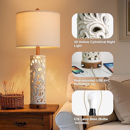 OYEARS 2-in-1 Light Table Lamp Set of 2 for Living Room, 28.5" Farmhouse Bedside Lamps with USB Charging Port, Main&Night Light & Dual Switches, Nightstand Lamp for Bedroom Home Office(Bulb Included) - Image 4