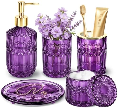 Haturi Purple Bathroom Accessories Set, Glass Bathroom Set, 5 Pcs by Haturi