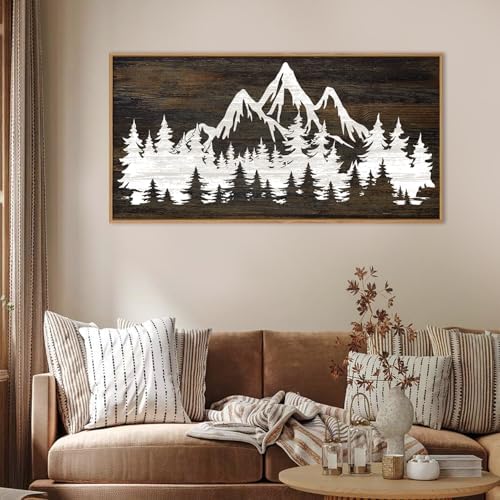 LHIUEM Large Mountain Tree Framed Canvas Wall Art,Modern White Forest Art Prints,Abstract Country Woodcut Wood Wall Decor,Farmhouse Zen Artwork for Living Room Bedroom Office-20''x40'' - Image 2