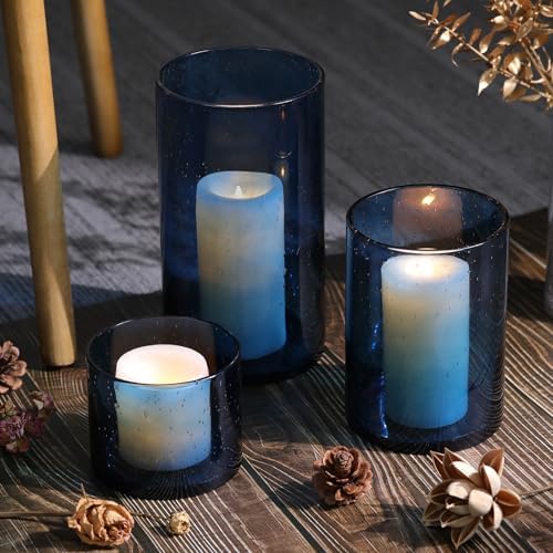 Large Hurricane Candle Holder Set of 3 Blue Candle Holders for Pillar Candles, Seeded Bubbles Glass Candle Holder, Blue Glass Cylinder Vases for Table Centerpieces, Home, Patio and Wedding 10"7"4"H - Image 3