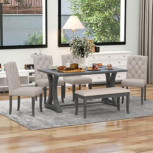 Rustic 6-Piece Dining Table Set with Rectangular Trestle Table and 4 Upholstered Chairs & Bench, Solid Wood Kitchen Dining Table Set for 6, Tufted Buttons Nailhead Decoration (Antique Gray-31) - Image 2