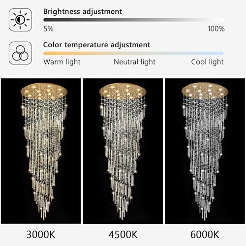 98'' Modern Crystal Chandelier High Ceiling Chandeliers for Entryway Large Raindrop Chandeliers LED Dimmable Flush Mount Light Fixtures for Staircaes Foyer Hallway Living Room LED Bulbs Included Gold - Image 3
