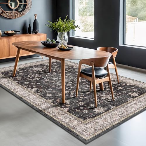 Black Modern Farmhouse 5x8 Area Rug for Living Room, Boho Large Entryway Rug, Dark Floor Carpet for Kitchen Under Small Dining Table, Bedroom - Washable Low Pile Waterproof Non Slip & Stain Resistance - Image 6