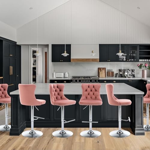 SoarFlash Velvet Bar Stool Set of 6, Adjustable Swivel Bar Stools with Silver Plated Metal Leg, Button Tufted, Footrest, Chrome Nailhead, Counter Height Chair for Kitchen,Dining Room (Pink) - Image 5