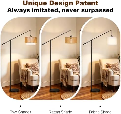 【Upgraded】Boho Dimmable Floor Lamps with Adjustable Swing Arm, 1100 Lumens Bulb Included, Modern Standing Lamp with Rattan & Fabric Shades, Farmhouse Tall Arc Floor Lamp for Living Room Bedroom, Black - Image 6