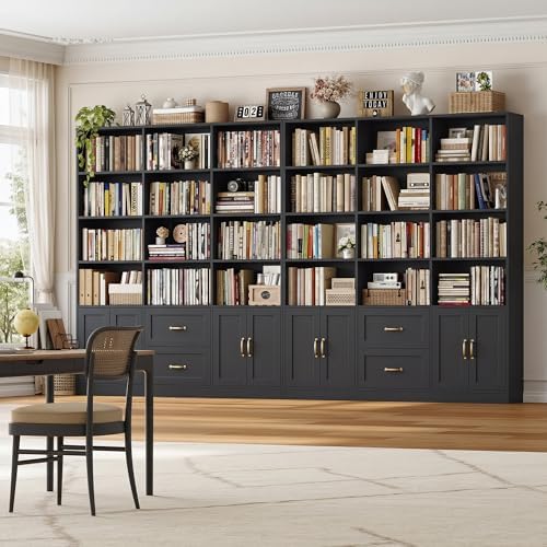 HOSTACK 71" Tall Triple Wide Bookshelf with Storage Drawers & Doors, Black - Image 2