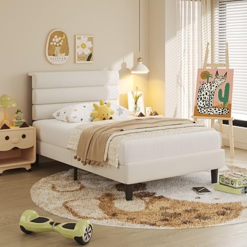 Fluest Twin Bed Frame, Platform Bed Frame with Velvet Upholstered Headboard, No Box Spring Needed, Sturdy Metal Support, Noise Free, Easy Assembly, Modern Bedroom Furniture, Beige - Image 7