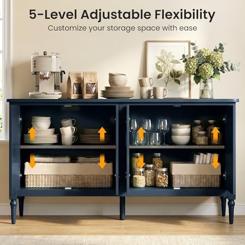 RoyalCraft Buffet Cabinet with Storage, Vintage Sideboard with Adjustable Shelves, Mid Century Modern Painted Credenza Coffee Bar for Kitchen, Dining Room, Entryway, Blue - Image 4