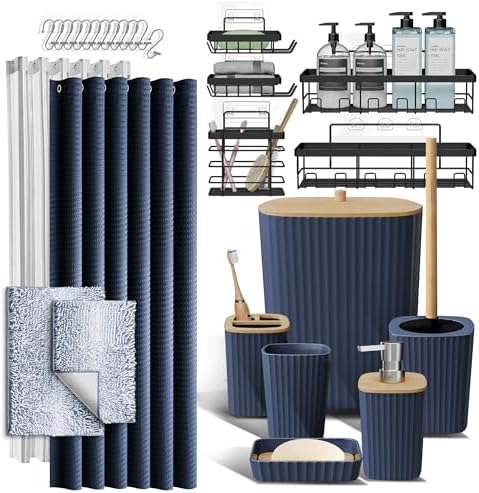 Clara Clark Bathroom Accessories Set - 27PC Bathroom Set with Adhesive Corner Shower Caddy Hanging, Bathroom Sets with Shower Curtain and Rugs, Ombre Navy Shower Curtain Set with Bathroom Trash Can by ClaraClark