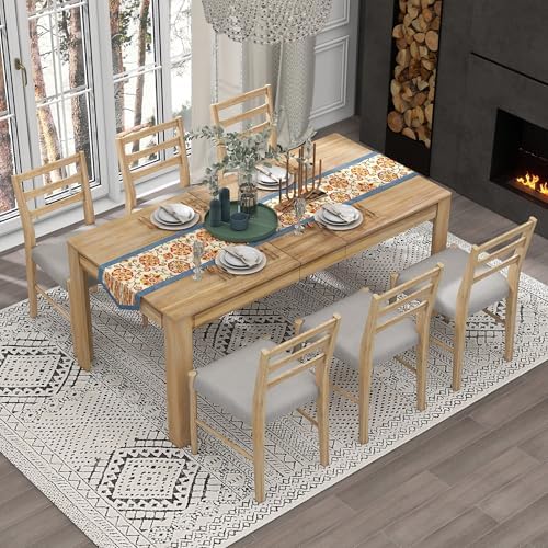 Farmhouse 7-Piece Kitchen Dining Table Set, Solid Wood Rectangle Extendable Table with 12” Leaf and 2 Drawers, 6 Dining Chairs with Soft Cushion, Dining Table Set for 6 Persons (Natural Wash+) by Unknown