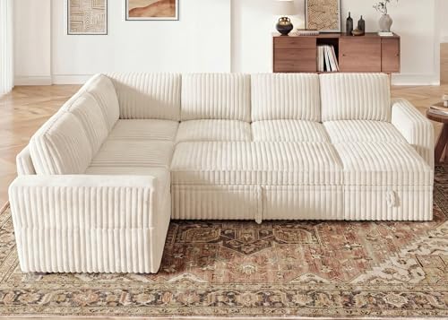 HONBAY Modular Sectional Sleeper Sofa with Pull Out Bed,Corduroy U Shaped Couch with Storage, Sectional Couches for Living Room,Beige - Image 6