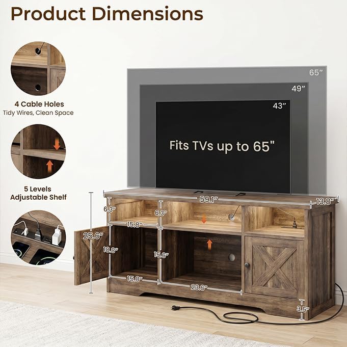 Casaottima TV Stand for 65 Inch TV, Entertainment Center, Gray Oak - Image 3