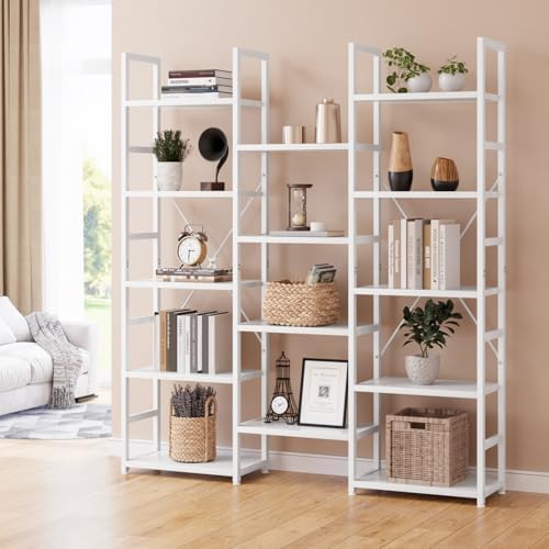 NUMENN Triple Column 5 Tier Bookshelf with 14 Adjustable Shelves, White - Image 2