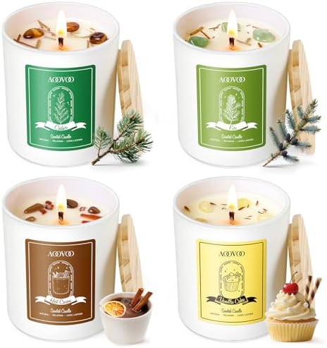AOOVOO Holiday Candles Set for Women - 4 Pack Candles for Home Scented, Aromatherapy Candle with Crystals, 28 oz 200 Hour Long Lasting Candle, Winter Fragrance of Cedar, Fir, Hot Cocoa, Vanilla Cake by AOOVOO