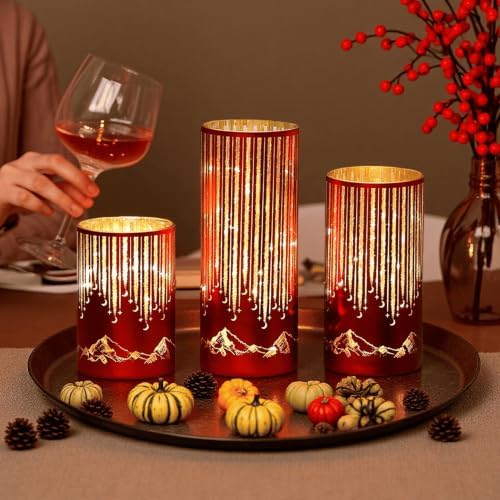 Starry Night Elegant Hurricane Candleholders with LED Flickering Lights & Remote Timer, Decorative Glass Hurricanes for Indoor Table Centerpieces & Year-Round Home Decor, Set of 3 (Red) - Image 2