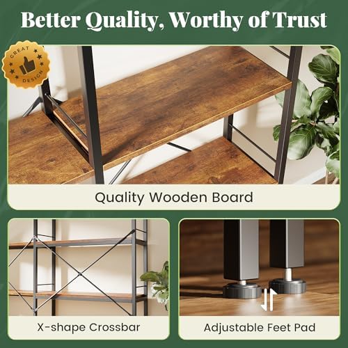 Huuger 6 Tier Bookshelf, L Shaped Corner Bookshelf with Open Shelves, 49.4 Inch Straight Wide Bookcase with Metal Frame and Wooden Board, Adjustable Feet, Rustic Brown - Image 7