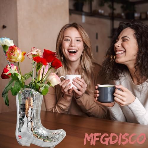 Disco Cowboy Boot Vase, 9.5in Ceramic Mirror Flower Vase - Image 3