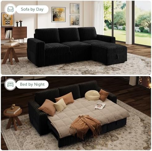 HONBAY Modular Sectional Sofa with Pull Out Bed,Corduroy L Shaped Sleeper Sofa with Storage, Sectional Couches for Living Room,Black - Image 4