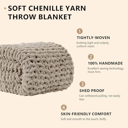 L'AGRATY Chunky Knit Throw Blanket for Couch, 50 x 60 Inches, Light Linen - Image 2