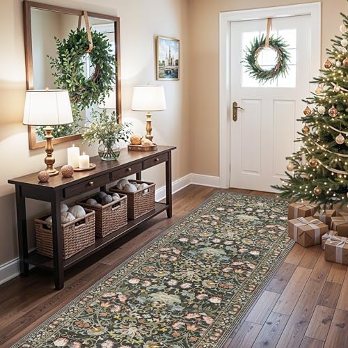 Wide Hallway Washable Runner Rug: 3x10 Water-Resistant Entryway Area Rug Vintage Soft Carpet for Living Room Non Slip Indoor Farmhouse Floor Mat for Bathroom Laundry Room(3x10,Green) - Image 2