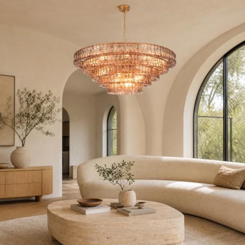 48" 5-Tier Smoked Ripple Glass Chandelier, 20-Light Round Brass Chandelier - Image 2