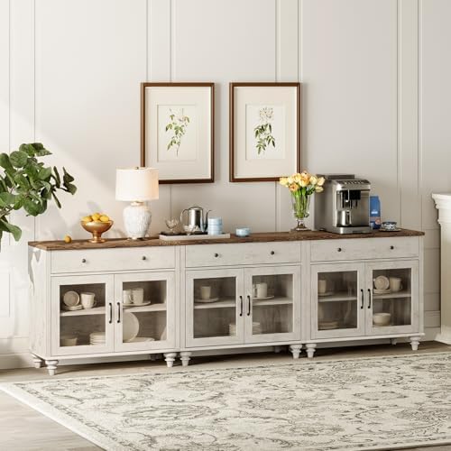 WAMPAT Sideboard Buffet Cabinets with Glass Doors, Large Kitchen Storage Cabinets, Wooden Coffee Bar Tables with Vintage Gourd Leg, Sideboard Credenza Table for Dining Room, Living Room, Rustic White - Image 3