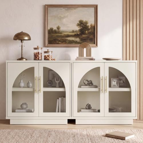 Fatmok Arched Glass Sideboard Buffet Accent Cabinet, 31.5" Display Credenza with Adjustable Shelf,1-Piece Modular Coffee Station Storage for Kitchen Living Room Bedroom, Beige(Not White) - Image 3