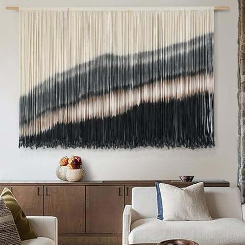 Jakalin Macrame Wall Hanging Black Dip Dye Fiber Tapestry Handmade 57"x35" - Image 2