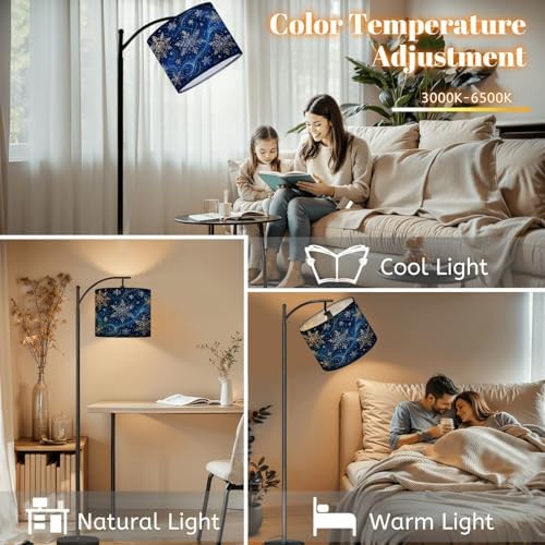 Arc Floor Lamp Golden Snowflakes Blue Winter Sky Swirling Patterns Dimmable Modern Standing Lamp with Remote Adjustable Drum Shade Footswitch Tall Pole Lamp for Living Room Bedroom - Image 5