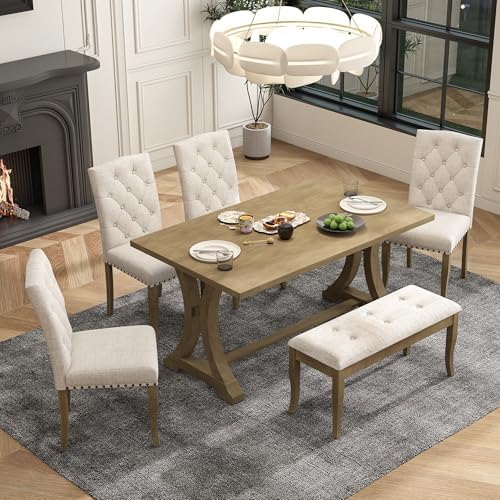 Harper & Bright Designs Classic and Traditional Style 6 - Piece Dining Set, Includes Dining Table, 4 Upholstered Chairs & Bench (White+Gray) (White+Gray) (Natural Wood Wash1) - Image 2