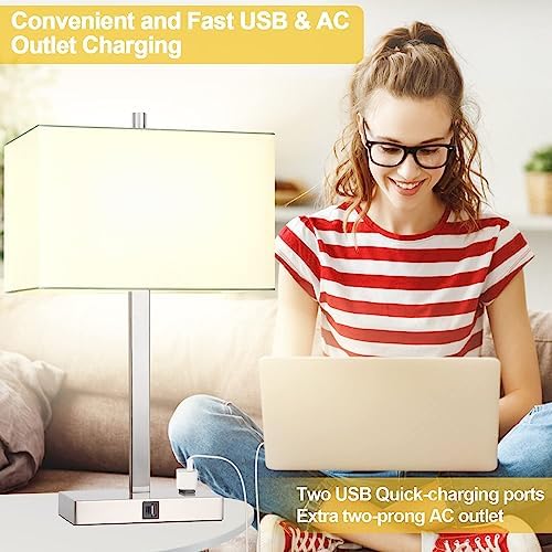 21" Touch Bedside lamps with 2 USB & AC Outlets, 3-Way Dimmable Bedside Table Lamps Set of 2 for Bedroom Living Room Office Reading, White Shade Lamps for Night Stands, 3000K LED Bulbs Included - Image 5