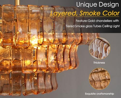 YIOSI Modern Amber Glass Chandelier，23" Gold Round Chandelier for Dining Room, 4-Light Round Drum Kitchen Island Hanging Light Fixture Perfect for Living Room, Bedroom,Kitchen, Foyer - Image 2