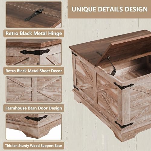 senlin Farmhouse Coffee Table, Heavy-Duty Coffee Table with Storage, Square Wood Center Table Set for Living Room with Pull Up Large Hidden Storage Compartment,Rustic Brown - Image 6