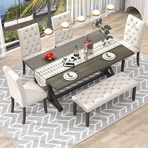 Mirightone 6-Piece Farmhouse Dining Table Set for 6 Rectangular Table Set with 4 Upholstered Chairs and Bench, Solid Wood Dining Table Set for Kitchen, Dining Room (Grey) - Image 2