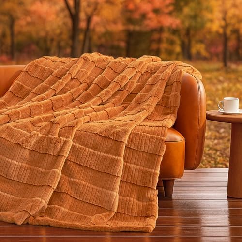 Amélie Home Luxury Striped Faux Fur Throw Blanket for Bed Queen Size, Soft Cozy Fuzzy Fluffy Plush Gift Blankets for Women, 88"x90", Brown - Image 6