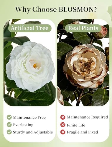 BLOSMON 2 Pack 3.3ft Artificial Camellia Tree for Front Porch Decor, White - Image 4