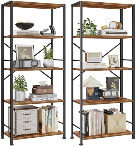 Furologee 5 Tier Book Shelf Set of 2, Tall Wide Bookshelf, Rustic Brown by Furologee