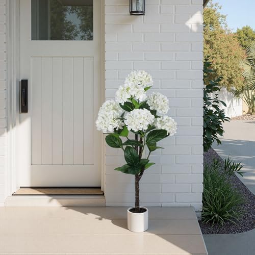 YEPDIN Set of 2 Artificial Hydrangea Tree 4 ft- Large Faux Hydrangea Plants Indoor Outdoor，Fake Flower Trees with White Tall Planter for Home Garden,Front Decor - Image 4