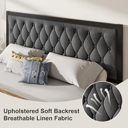 Fluest King Bed Frame with Headboard Linen Upholstered Bed Frame Platform,All Metal Slats Support Platform Bed Frame with Storage Space,Easy Assembly,Noise Free,No Box Spring Needed,Grey - Image 4