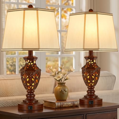 EJIAXIN Lamps for Night Stands Set of 2-23.5" Vintage Bedside Lamp with USB A+C and Nightlight - Brown Retro Carved Resin Farmhouse Desk Lamp for Bedrooms, End Tables, Living Room, Bulbs Included by WelcometoEJIAXIN