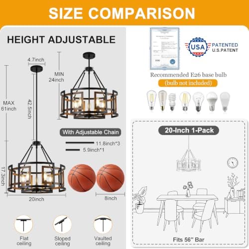 20" Dining Room Light Fixture/Chandelier Over Table, 5-Light Black & Wood Grain Farmhouse Chandeliers for Dining Room, Industrial Metal Hanging Pendant Lights Fixture for Kitchen Island Foyer Entryway - Image 5
