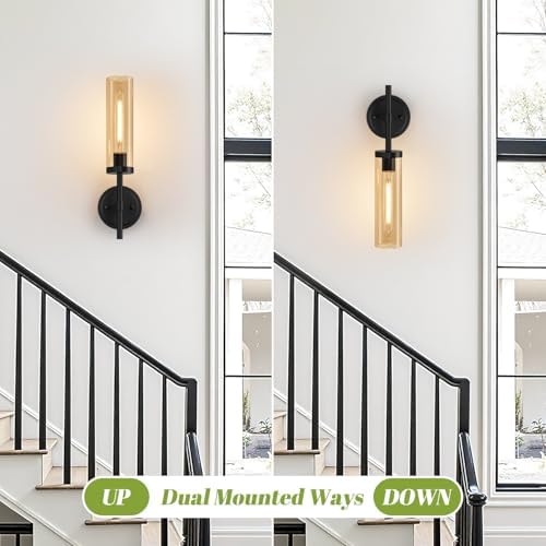 MOKATNG Hardwired Wall Sconces Set of Two, Matte Black Bathroom Sconces with Amber Glass, Modern Wall Light Fixtures for Bathroom Mirror Vanity, Living Room, Hallway, Stairway, Cabinet, Foyer - Image 7