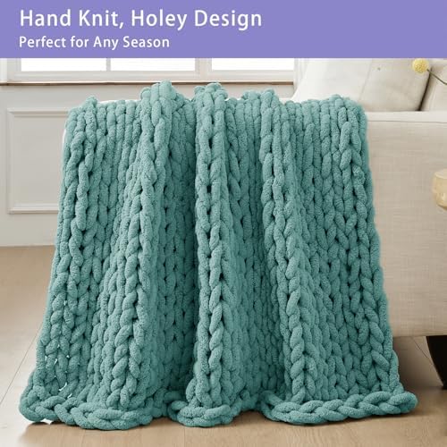 Bigacogo Chunky Knit Throw Blanket for Couch, 40x40 inches, Light Teal - Image 4