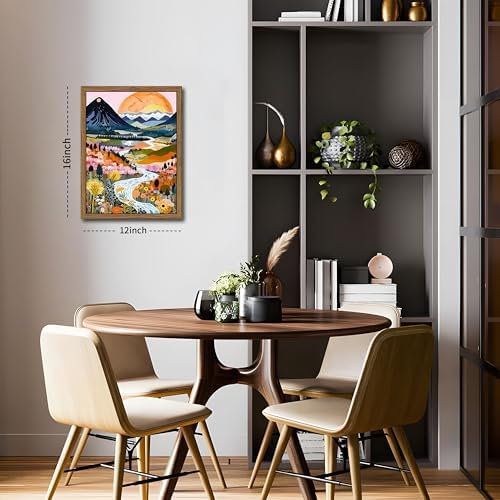 Wood Frame Boho Colorful Wall Art, Set of 3 Abstract Watercolor Mountain Landscape Wall Decor Painting, Modern Flower Aesthetic Posters Prints for Living Room Bathroom Bedroom 12x16In Framed - Image 3