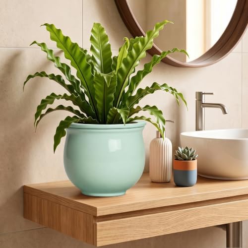 8 Inch Self Watering Planter, Ceramic Plant Pots, Mint Green - Image 6