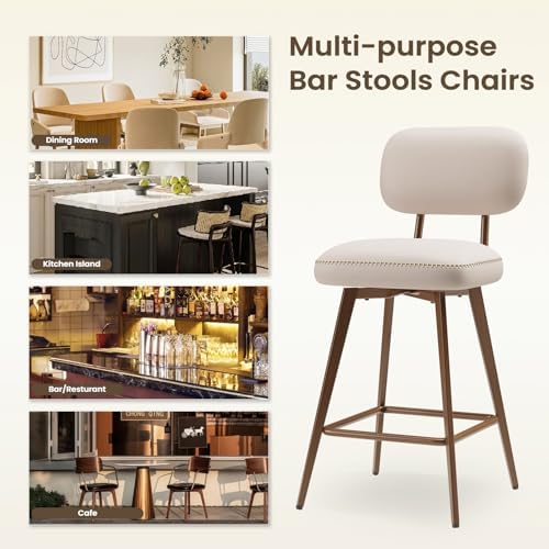 MALOL 26“ PU Leather Swivel Bar Stools Set of 6, Mid Century Counter Height Bar Chairs with Low Back and Metal Legs, Modern Bar Stool Chair for Kitchen Island, Beige - Image 5